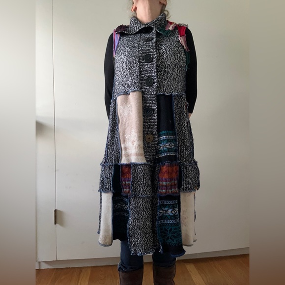 Upcycled Sweater Vest Long Cardi Boho Hippie Tiered Pixie Patchwork Cottage Core - Picture 4 of 14